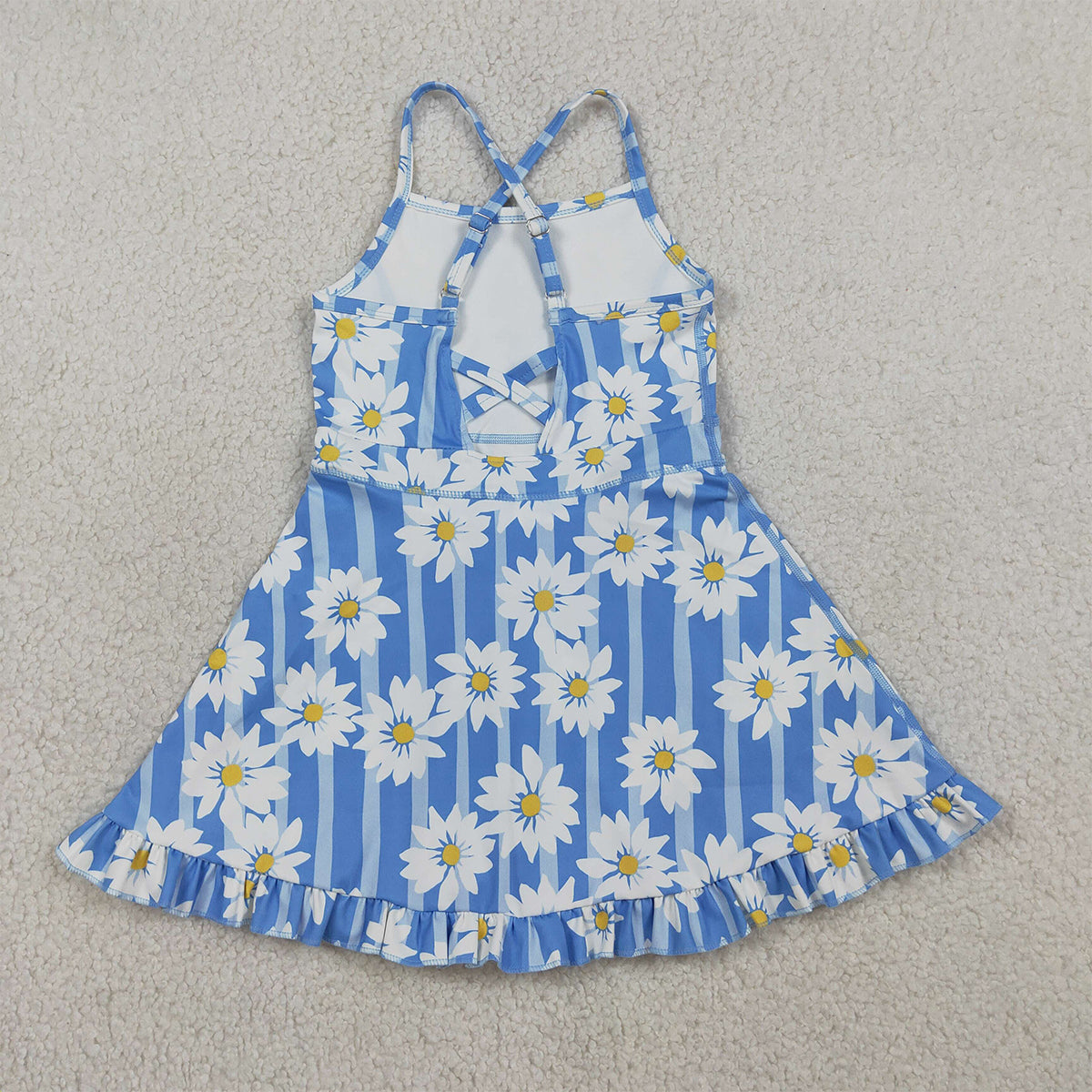 3.26 RTS NO MOQ （In stock）GSD2283 Kids Fashion Clothes Baby Girls Strap Blue Stripe Floral Yoga Ruffle Knee Length Dresses