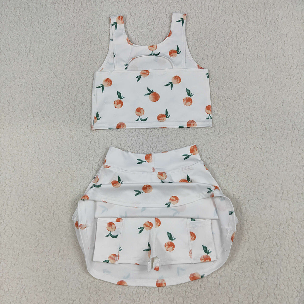 RTS NO MOQ （In stock）GSD2738 Baby Girls Yoga Outfits Baby Girls Summer White Peach Top Skirts Active Wear Clothes Sets