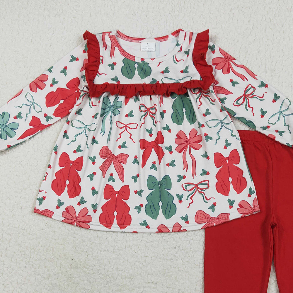 RTS NO MOQ （In stock）GLP2346 Baby Girls Winter Outfits Baby Girls Christmas Red Green Bows Tunic Ruffle Pants Sets
