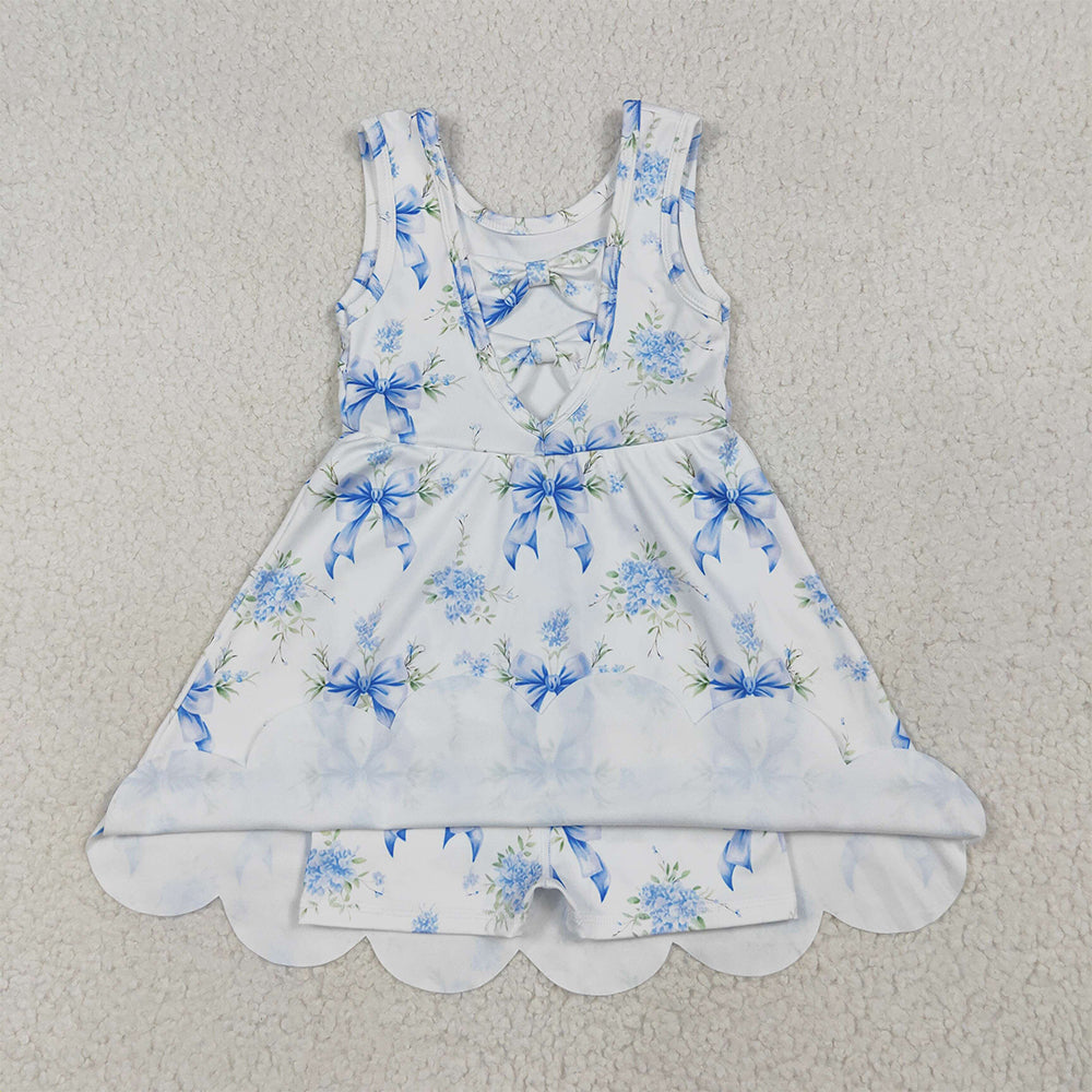 7.10 GSD2587RTS NO MOQ Baby Girls Summer Yoga Dress Baby Girls Blue Bows Floral Activity Wear Yoga Short Skort Knee Length Dresses