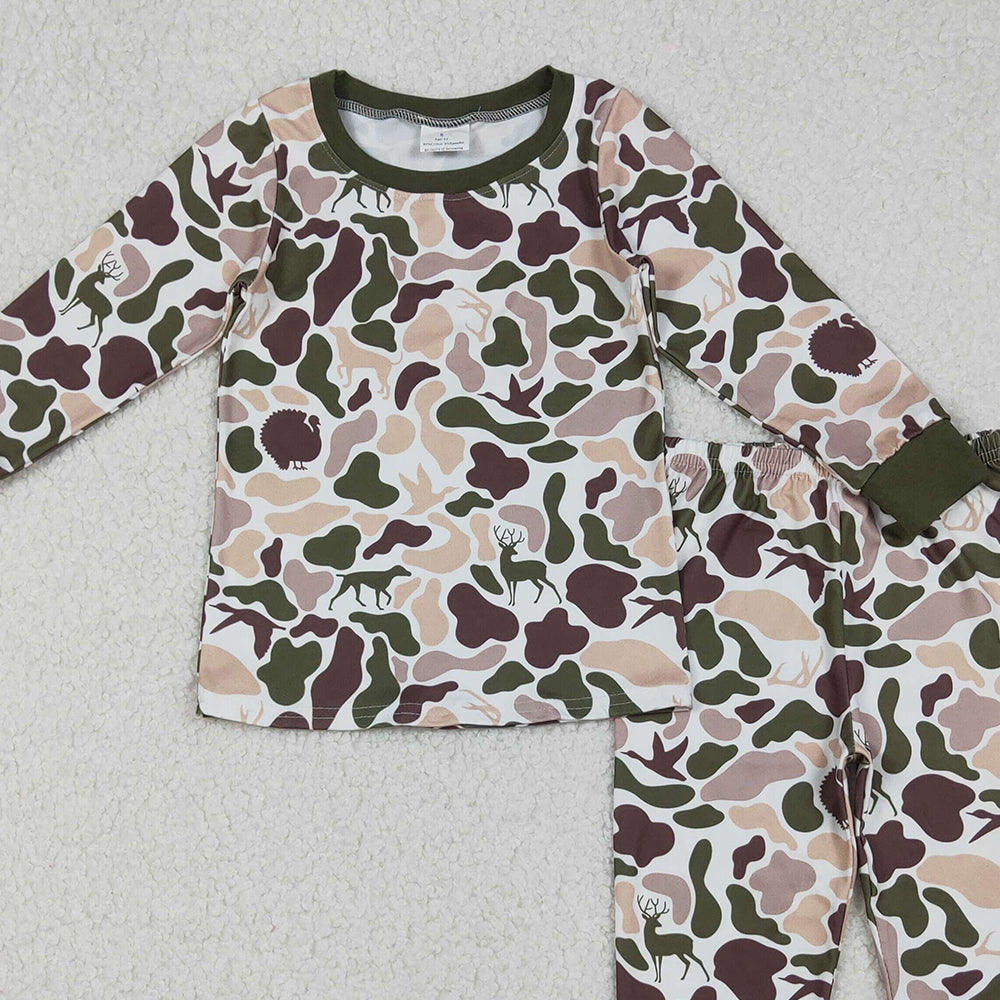 RTS NO MOQ （In stock）BLP1234 Baby Boys Winter Outfits Deer Ducks Dogs Camo Top Pants Western Pajamas Sets