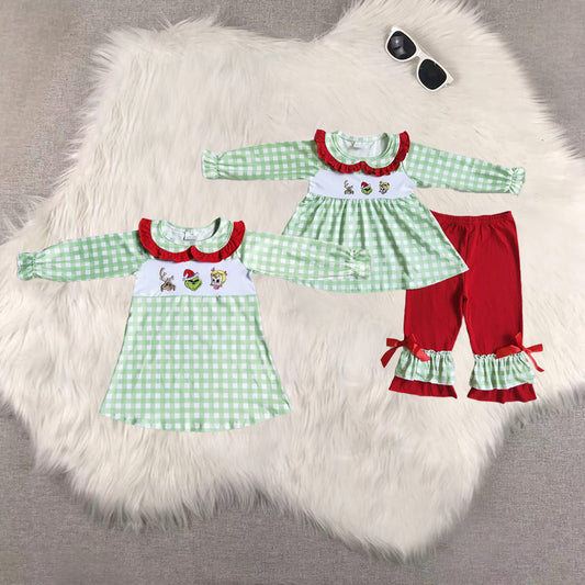 8.21 RTS Sibling Baby Green face embroidery plaid tunic ruffle pans girls Christmas clothing