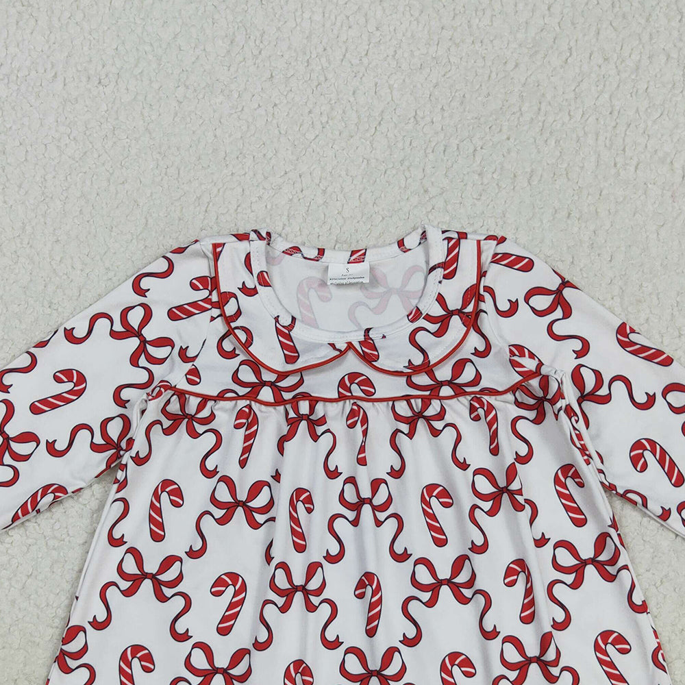 RTS NO MOQ （In stock）GLD1130 Baby Girls Winter Dress Baby Girls Christmas Red Bows Candy Cane Knee Length Dresses