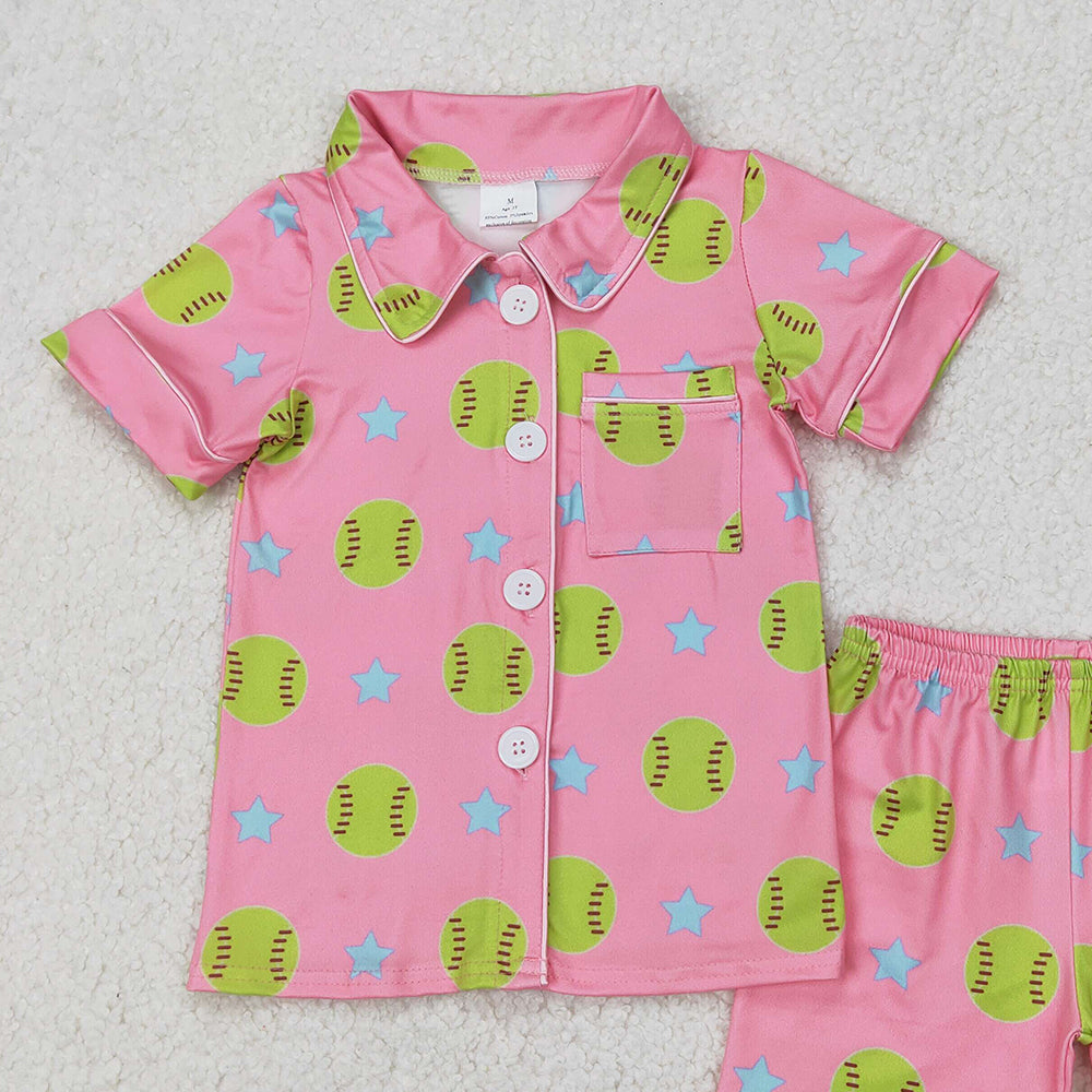 USA Shop (in stock) GSSO2203  Baby Girls Summer Pajamas Outfits Softball star pink short-sleeved shorts pajama set