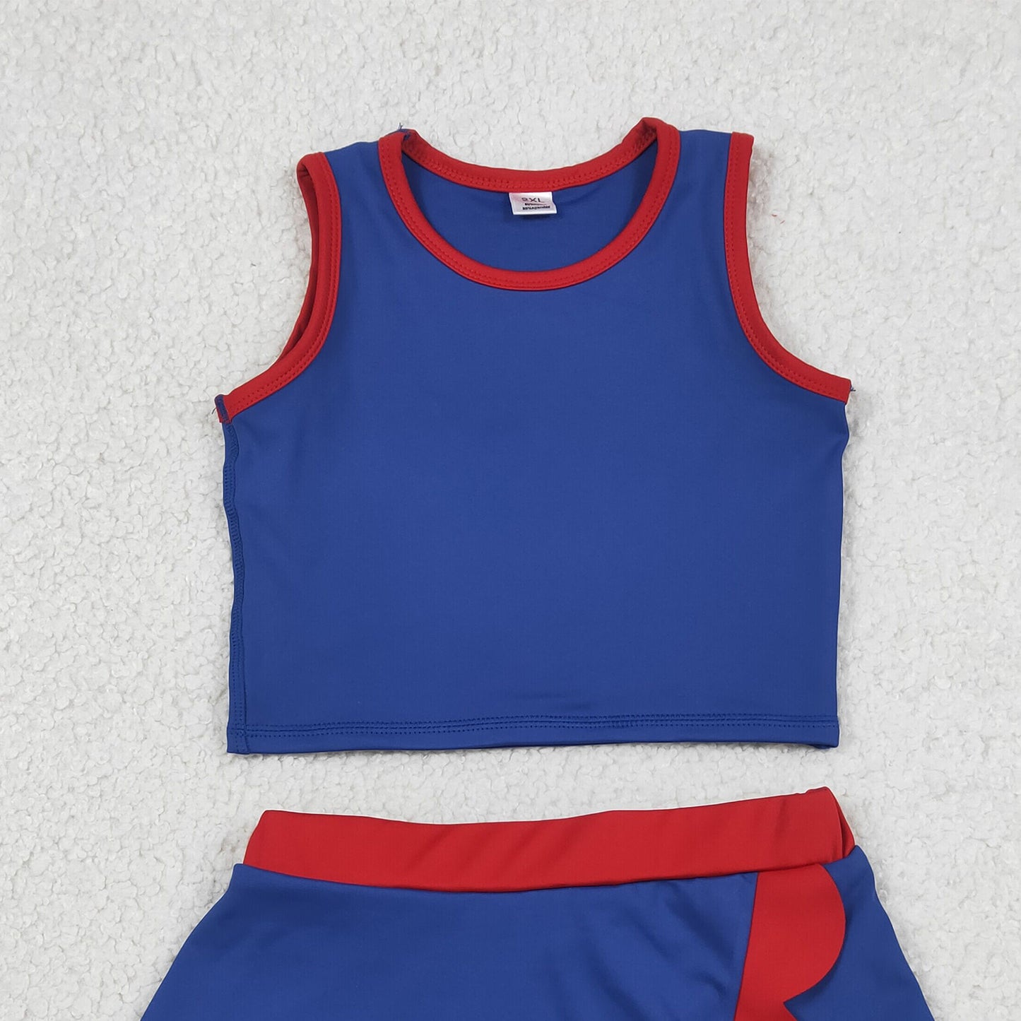 GSD4096 RTS NO MOQ （In stock）Baby Girls Red Navy Vest Top Scallop Skirt Short Yoga Active Clothes Set