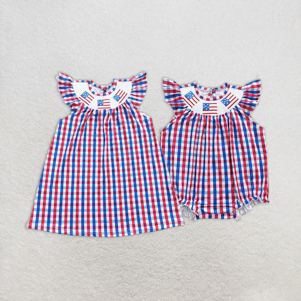 4.11 RTS NO MOQ Flag embroidery smock plaid kids girls 4th of july dress romper