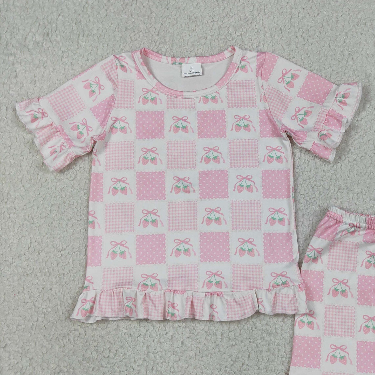 GSSO3342 RTS NO MOQ （In stock ）Short sleeves pink bow strawberry kids girls outfits