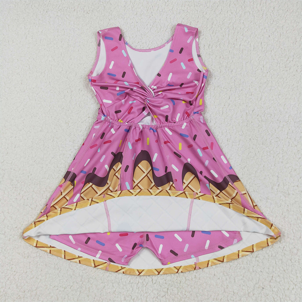 8.11  GSD2413RTS NO MOQ Baby Girls Summer Yoga Dress  Baby Girls Hot Pink Ice-cream Drip Yoga Skort Knee Length Dresses