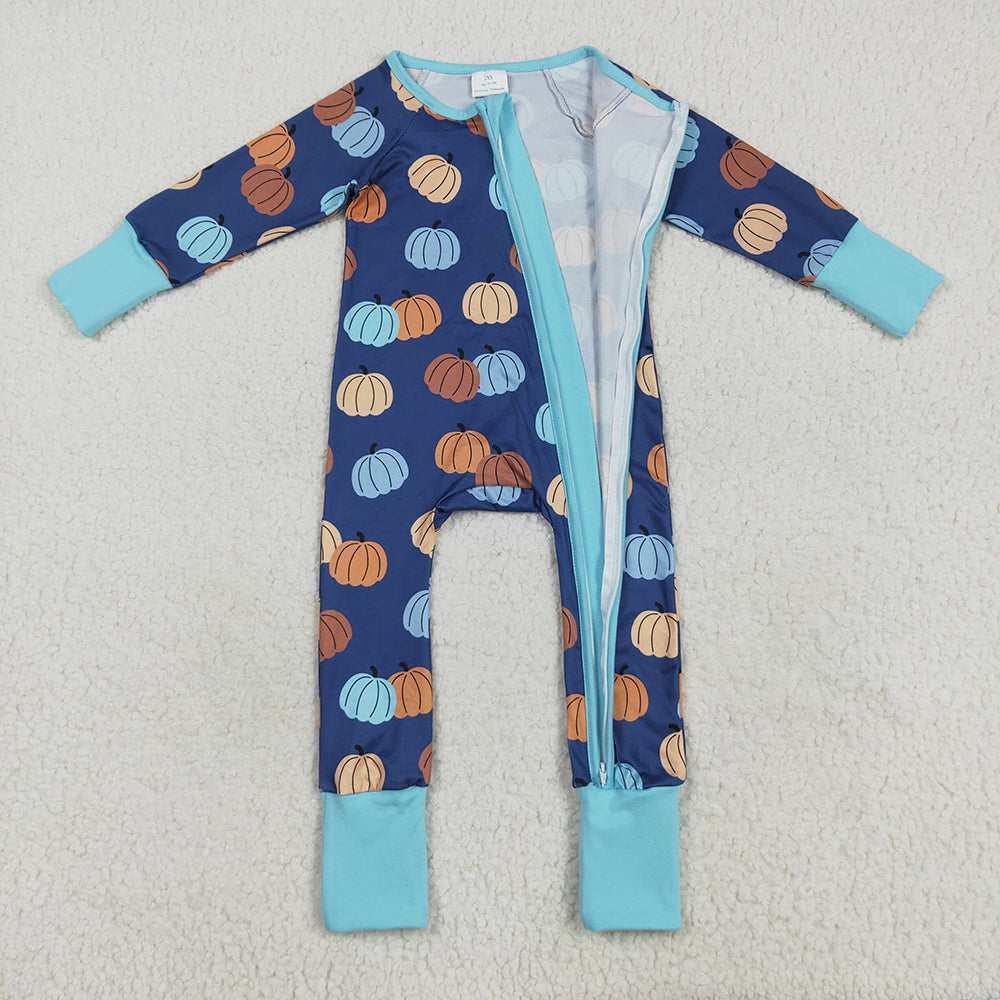 RTS NO MOQ （In stock）LR2364 Baby Boys Winter Rompers Baby Boys Long Sleeves Colorful Pumpkins Zipper Pant Rompers