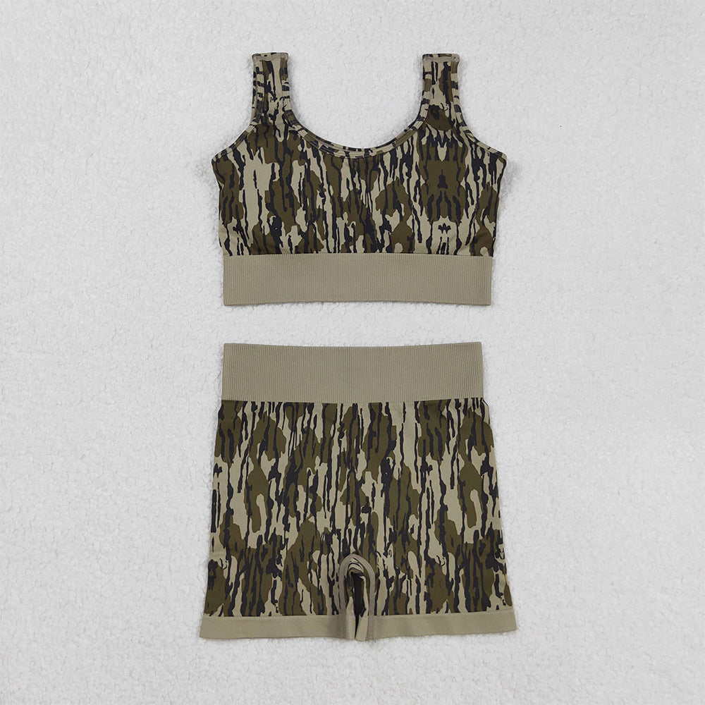 RTS NO MOQ （In stock）GT1187+SS0642 Adult Women's Yoga Outfits Adult Women's Army Green Camouflage Vest And Shorts Set Military Style Outdoor Camping Fashion Sports Outfit
