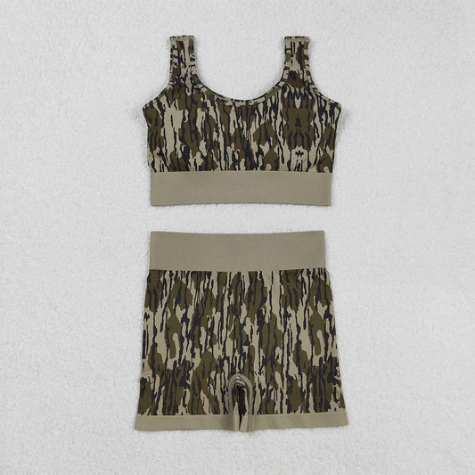 RTS NO MOQ （In stock）GT1187+SS0642 Adult Women's Yoga Outfits Adult Women's Army Green Camouflage Vest And Shorts Set Military Style Outdoor Camping Fashion Sports Outfit