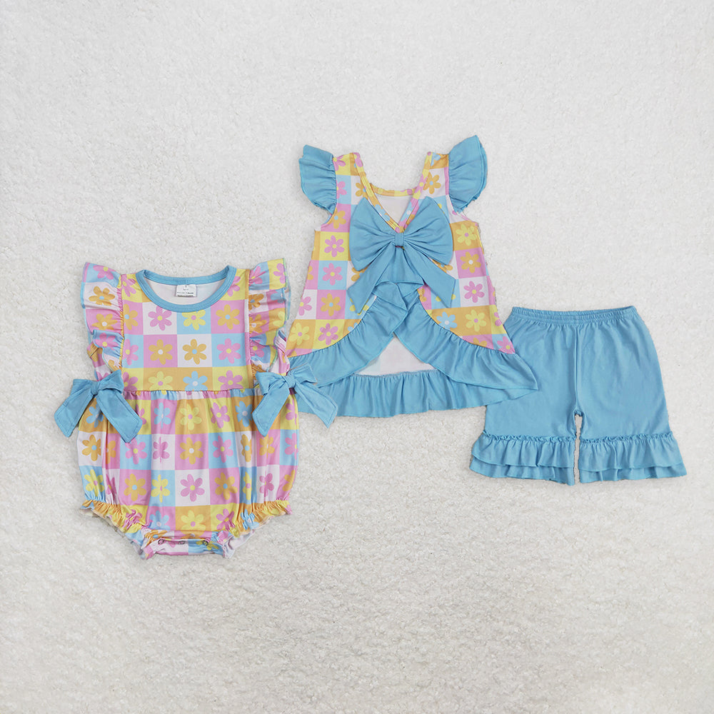 8.15 RTS Sibling Baby Girls Summer Outfits Colorful floral tunic ruffle shorts girls summer clothes rompers