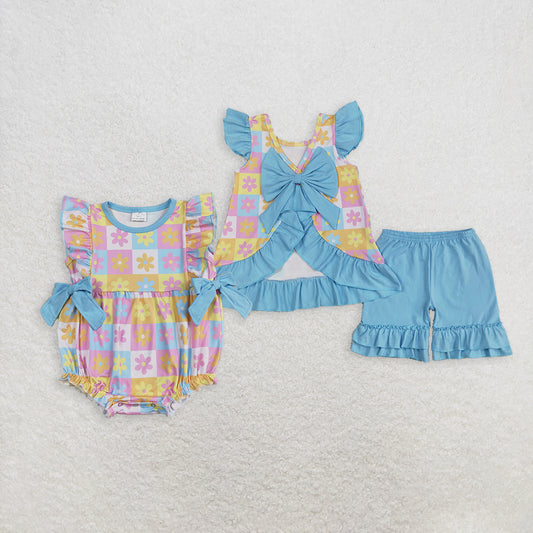 8.15 RTS Sibling Baby Girls Summer Outfits Colorful floral tunic ruffle shorts girls summer clothes rompers