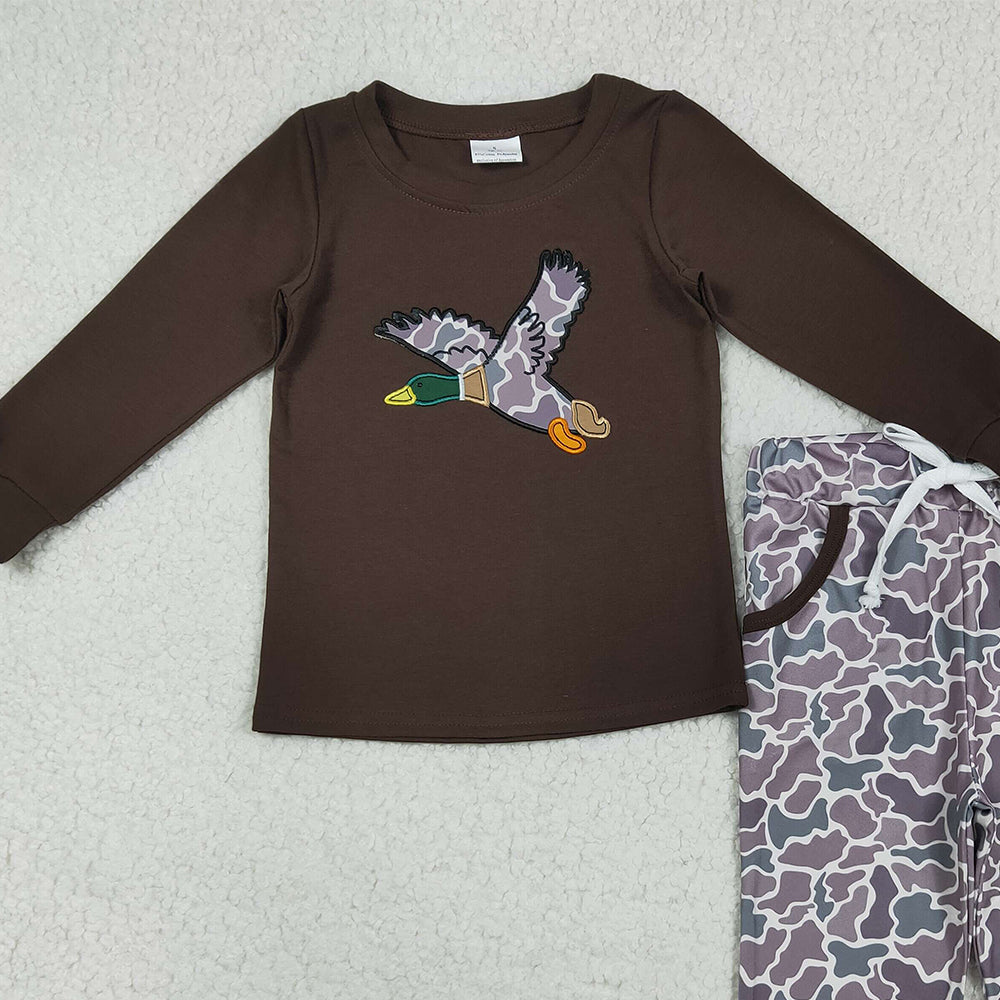 RTS NO MOQ （In stock）BLP1123 Baby Boys Winter Outfits Embroidery Baby Boys Brown Duck Top Camo Pocket Pant Sets