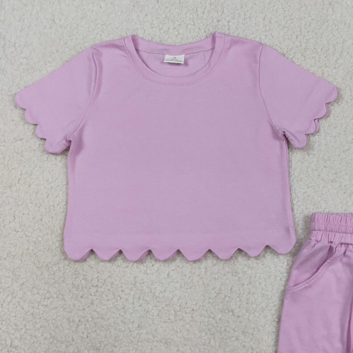 3.7 RTS NO MOQ （In stock）GSSO3173 Kids Clothing for Girls Baby Girls Lavender Short Sleeve Shirts Top Scallop Shorts Clothes Sets