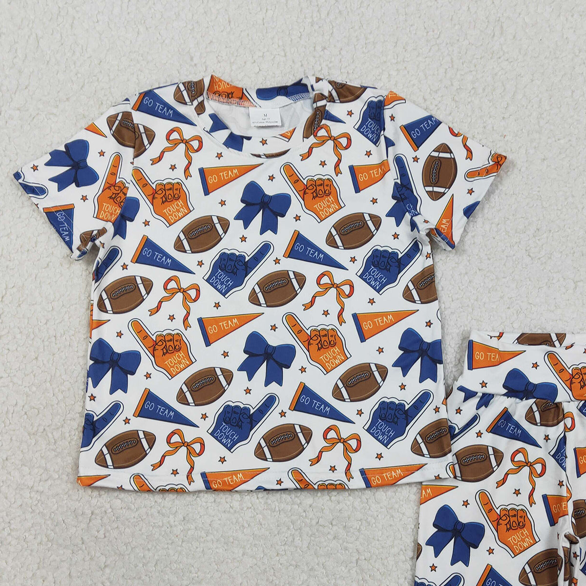1.26 RTS NO MOQ （In stock）GSSO2722 Baby Girls Blue Orange Bows Footballs Top Shorts Team Pajamas Clothes Sets