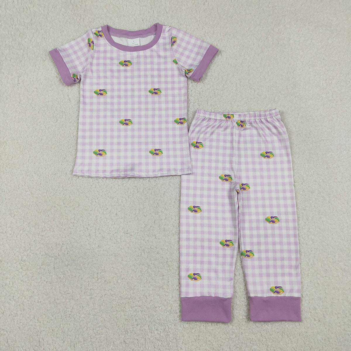 12.29 RTS NO MOQ （In stock）BSPO0630 Embroidery King Cake Baby Boys Mardigras Donuts Checked Pants Pajamas Sets