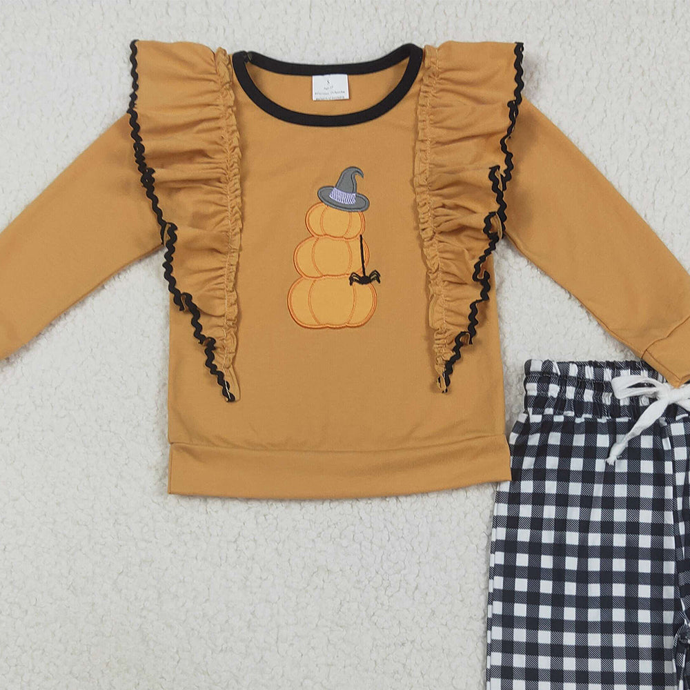 RTS NO MOQ （In stock）GLP2445 Baby Girls Winter Outfits Embroidery Hat Pumpkins Baby Girls Ruffle Shirt Black Plaid Pant Halloween Set