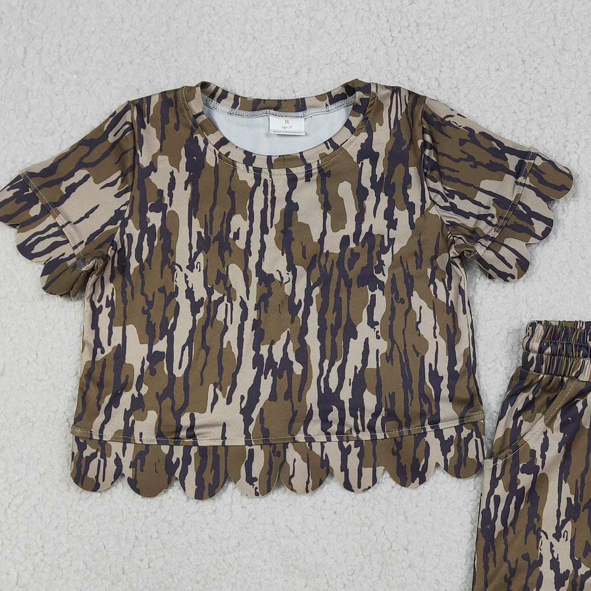 4.1 RTS NO MOQ （In stock）GSSO3225 Olive camo scallop top shorts girls summer outfit