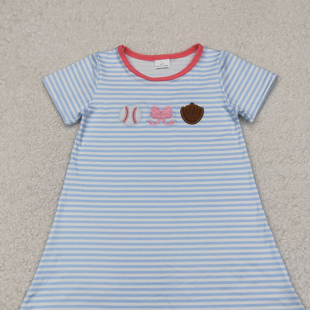5.20 GSD2220 RTS NO MOQ Baby Girls Summer Dress Embroidery Baby Girls Light Blue Stripe Short Sleeves Bows Baseball Knee Length Dresses