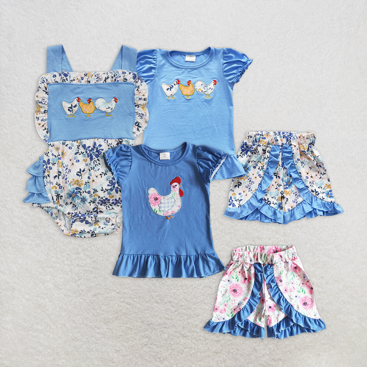 8.25 RTS NO MOQ Baby Girls Summer Outfits Chicken print shirt floral shorts girls clothing set  rompers
