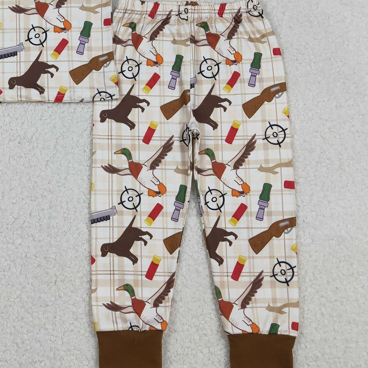 12.17 RTS NO MOQ （In stock）BSPO0634 Baby Boys Khaki Checked Dogs Ducks Top Pants Hunting Pajamas Sets
