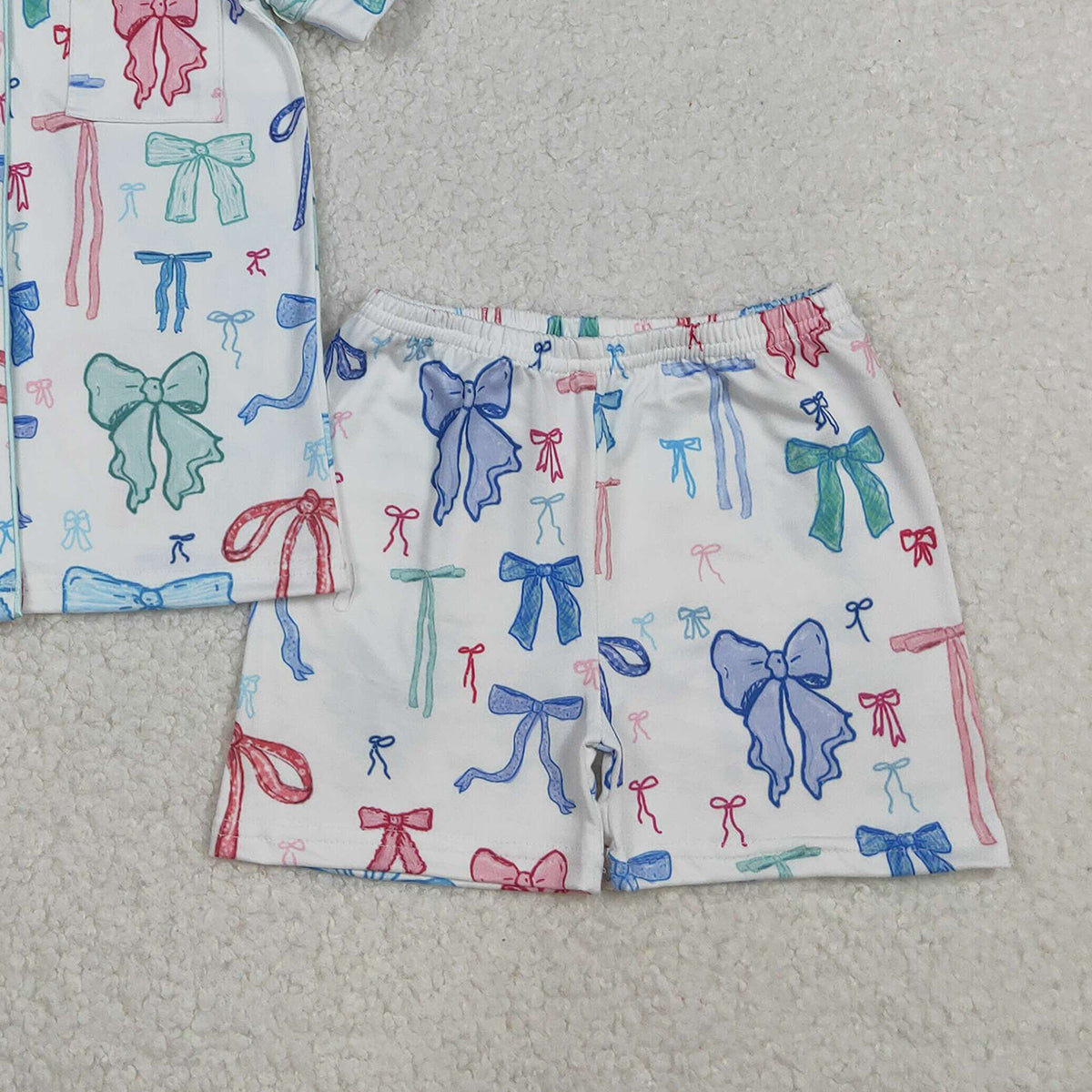 11.8 RTS NO MOQ （In stock）GSSO2217 Baby Girls Colorful Bows Buttons Shirts Top Shorts Pajamas Sets