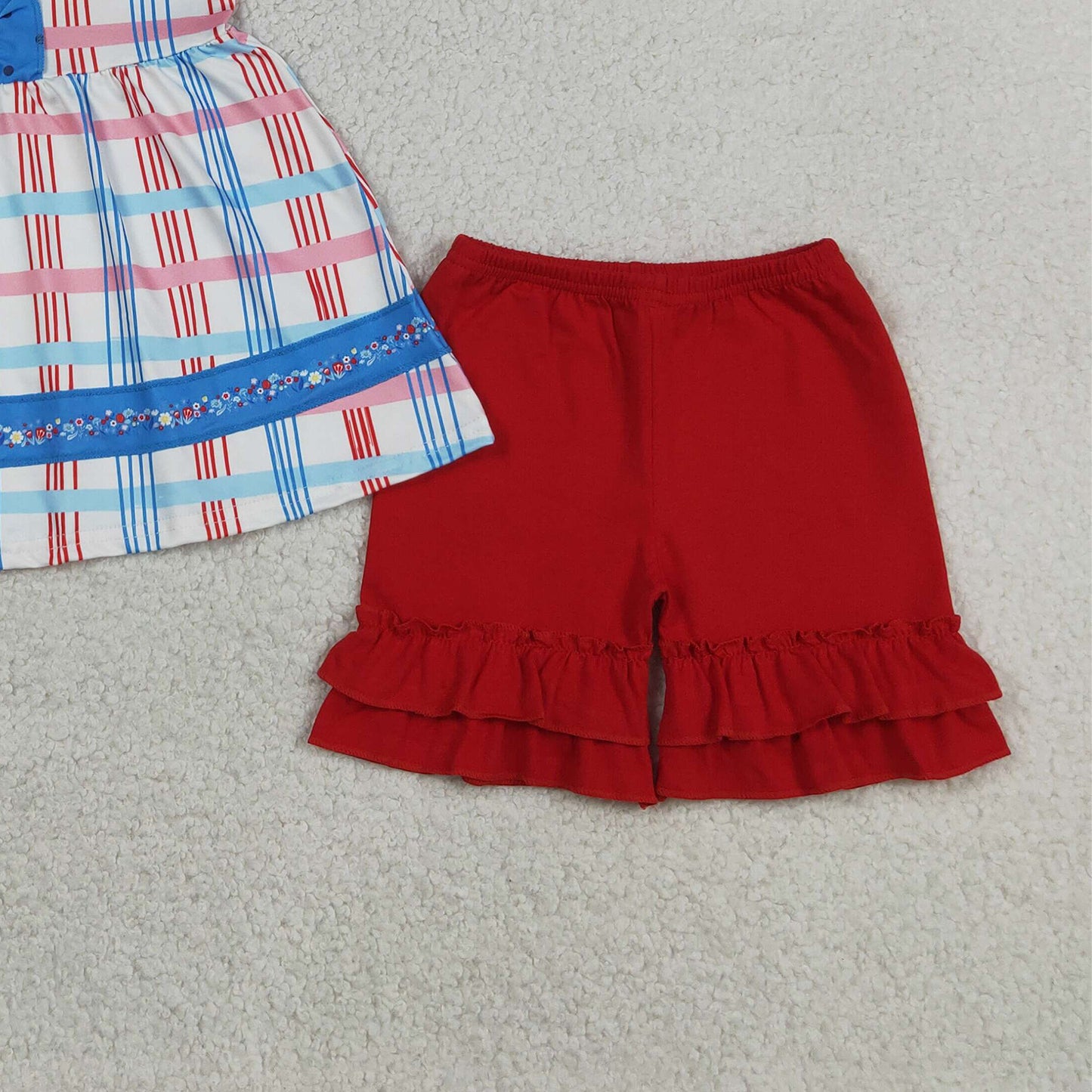 GSSO2815 RTS NO MOQ （In stock ）Plaid ruffle tunic red shorts girls 4th of july outfits