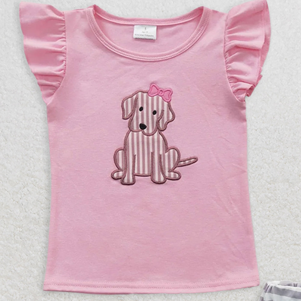 GSSO0223RTS NO MOQ Baby Girls Summer Outfits Pink dog shirt stripe shorts kids girls outfits