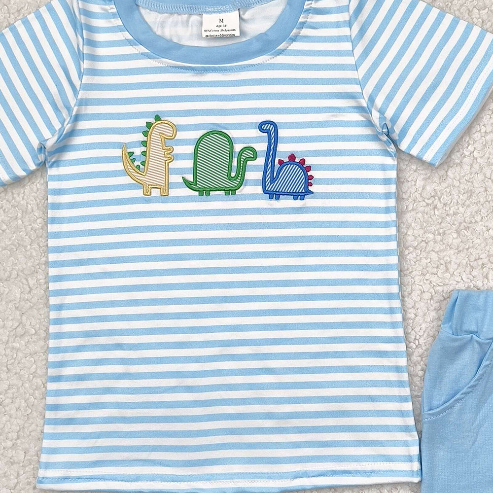 BSSO1375 RTS NO MOQ Baby Boys Summer Boys Outfits Embroidery Baby Boys Blue Dinosaurs Shirt Tops Shorts Clothes Sets