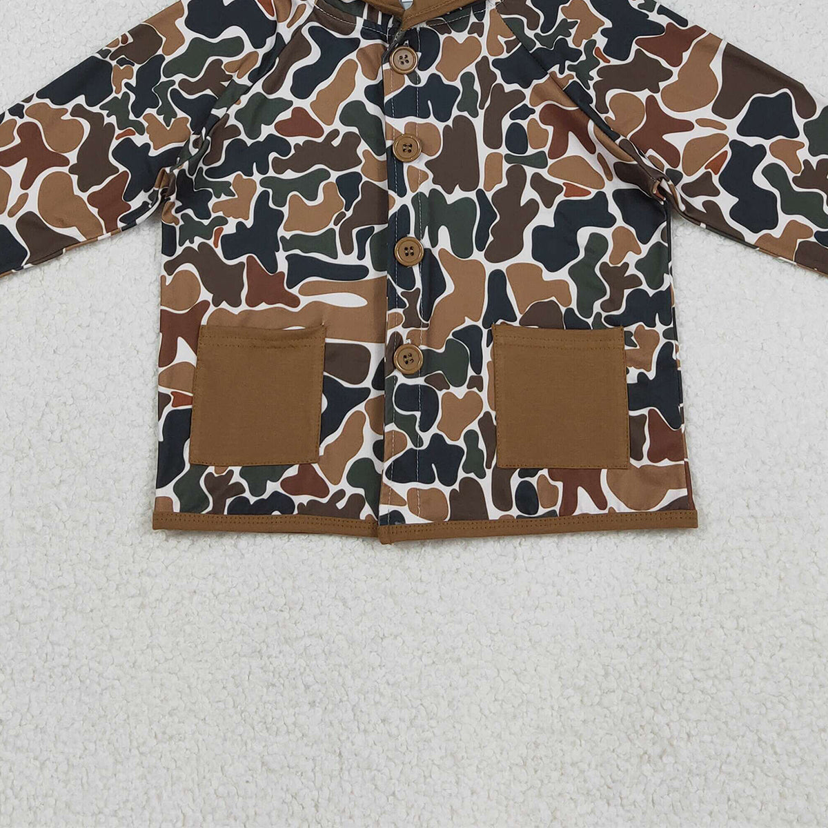 12.12 RTS NO MOQ （In stock）BT1442 Baby Boys Southern Dark Brown Camo Button Pockets Hoodie Jackets Top