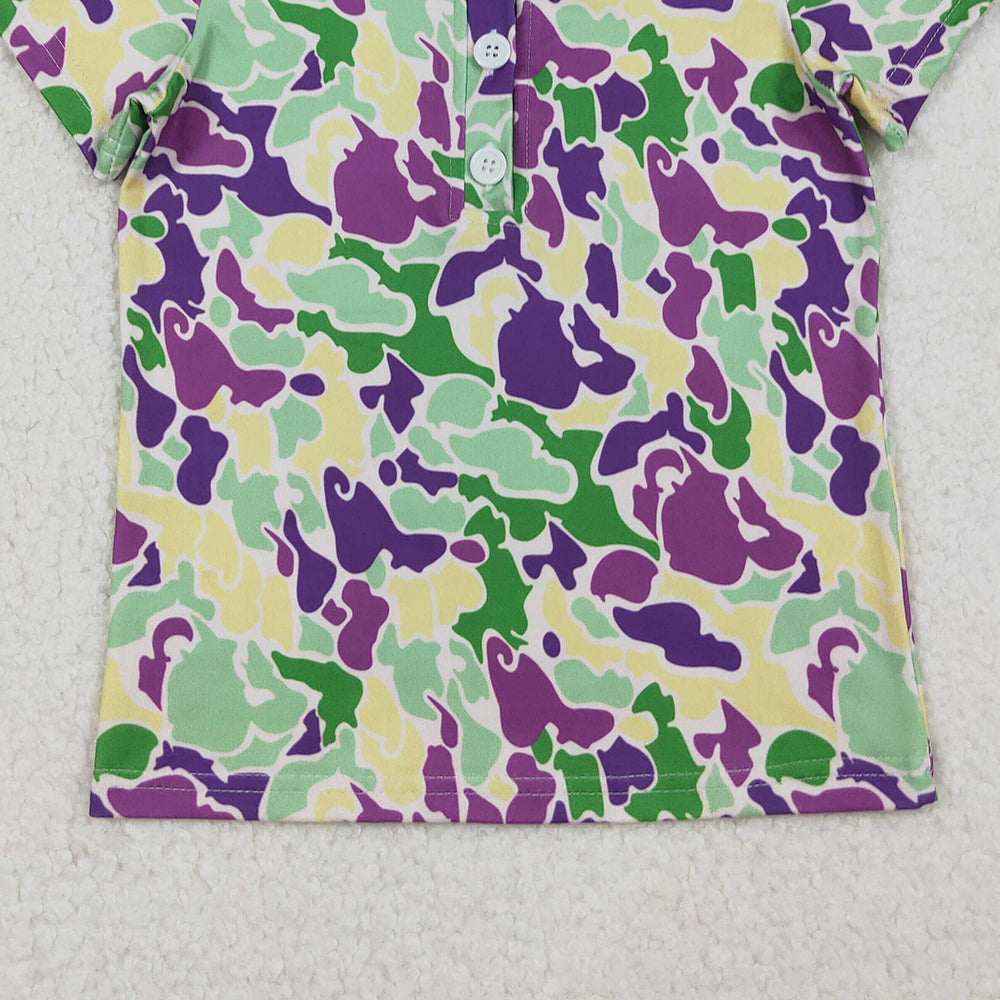 RTS NO MOQ （In stock）BT1345 Baby Boys Summer Tops Mardi Gras Purple Green Yellow Camo Button Polo Shirts Tops