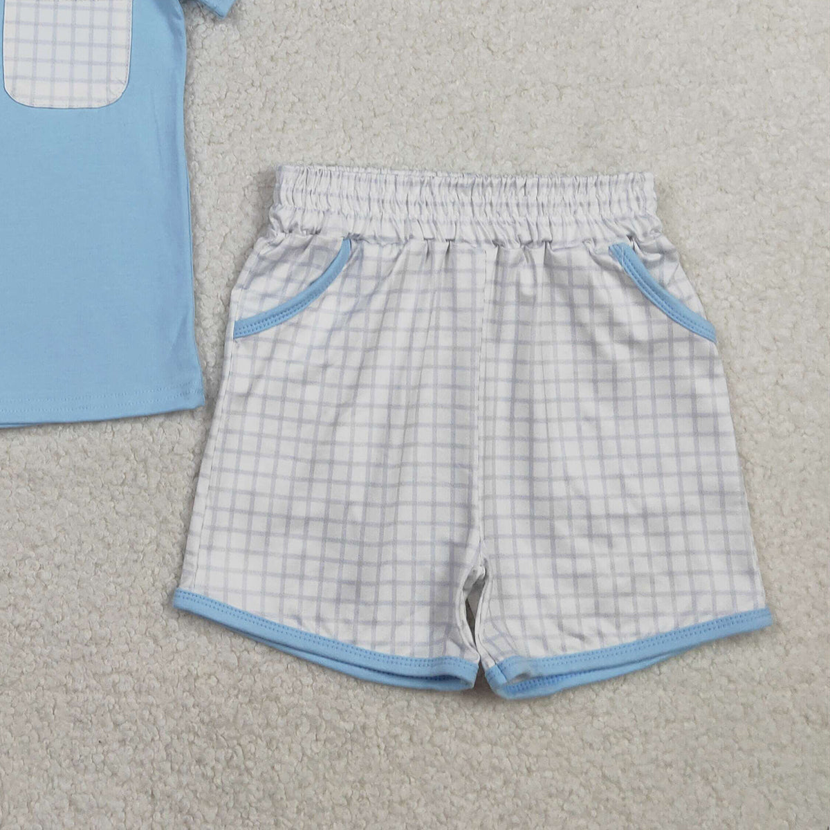 2.3 RTS NO MOQ （In stock）BSSO1762 Baby Boys Blue Short Sleeve Shirts Top Checked Pockets Shorts Clothes Sets
