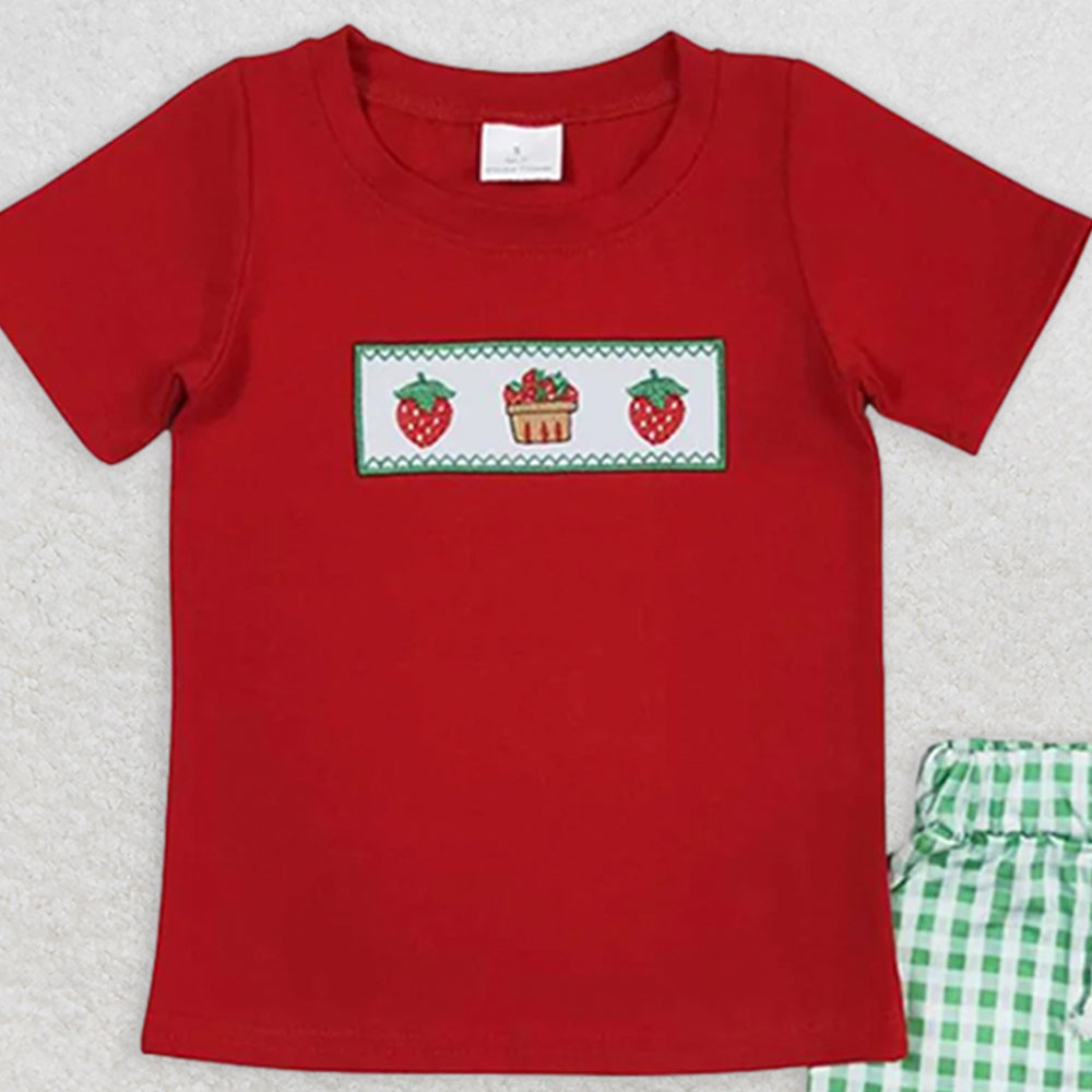 BSSO0810RTS NO MOQ Baby Boys Summer Boys Outfits  Baby Boys Red Strawberry Cake Shirt Top Shorts Clothes Sets