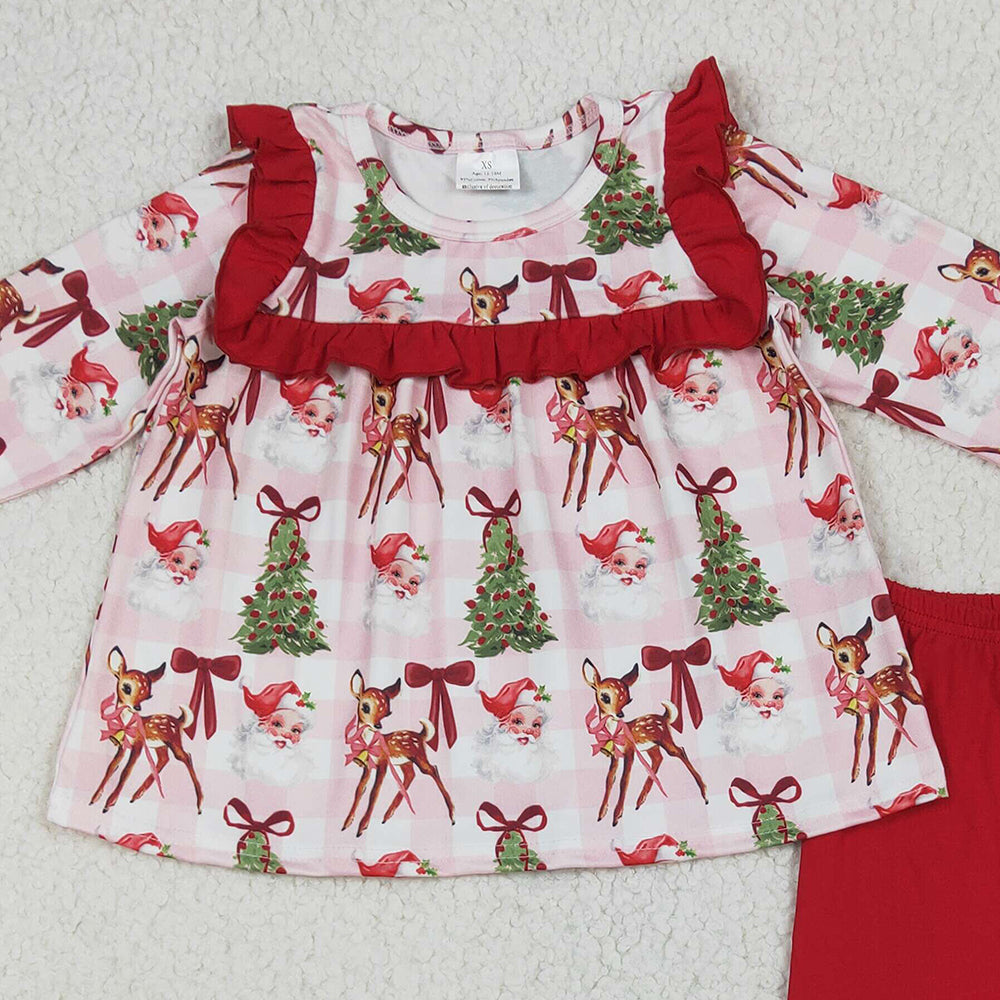 GLP2419 RTS NO MOQ Baby Girls Winter Outfits Baby Girls Red Long Sleeves Santa Trees Plaid Tunic Ruffle Pant Set