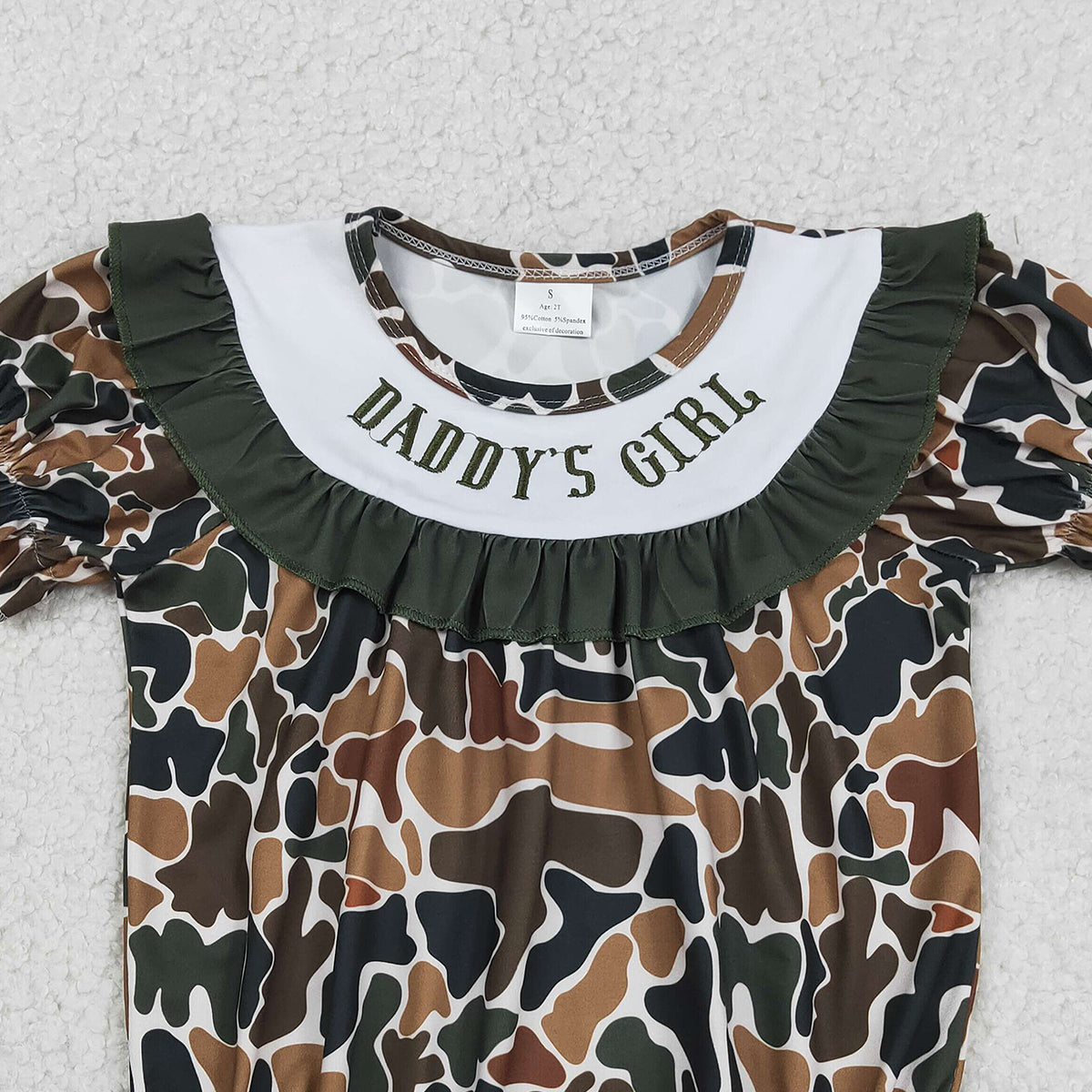 3.16 RTS NO MOQ （In stock）SR3916 Children's Fashion Romper Embroidery Daddy's Girls Southern Dark Brown Camo Ruffle Rompers