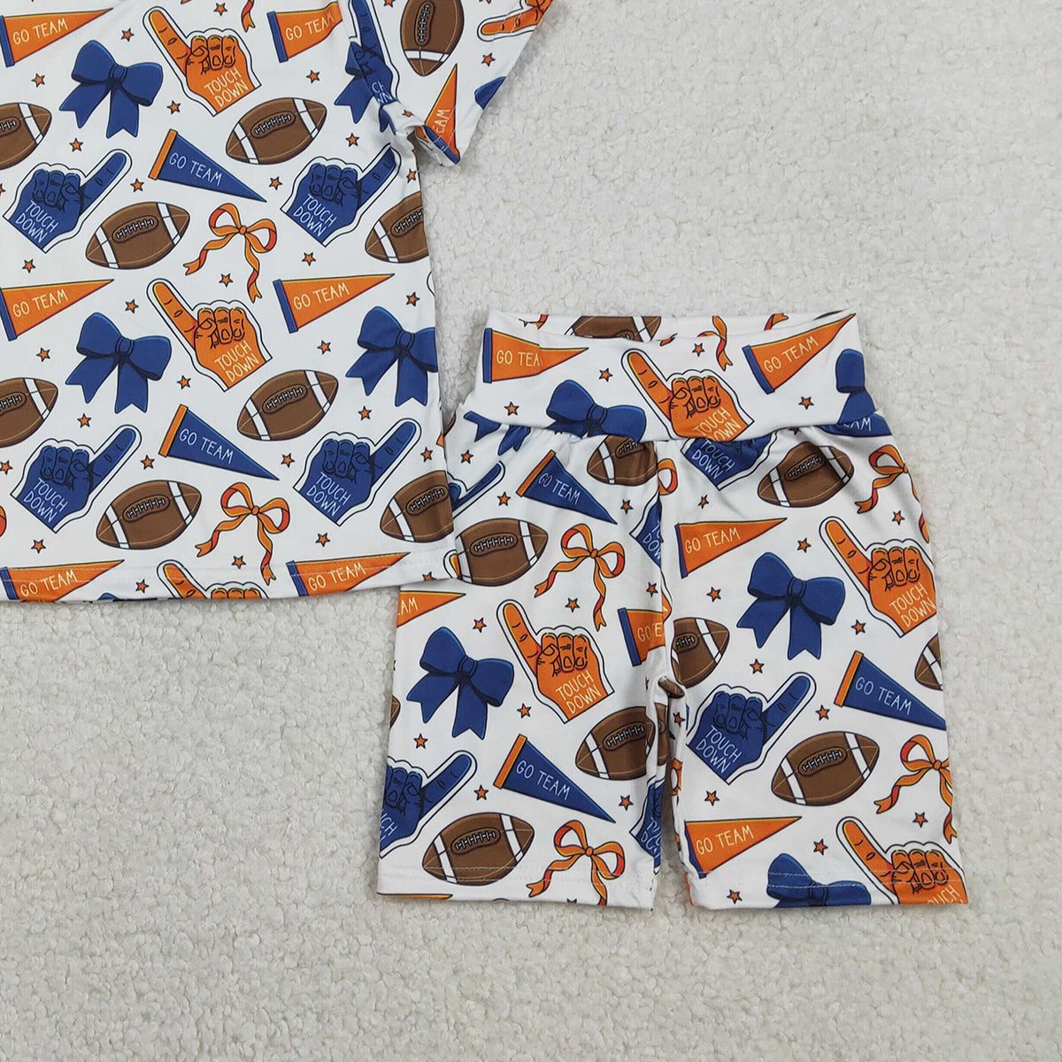 1.26 RTS NO MOQ （In stock）GSSO2722 Baby Girls Blue Orange Bows Footballs Top Shorts Team Pajamas Clothes Sets