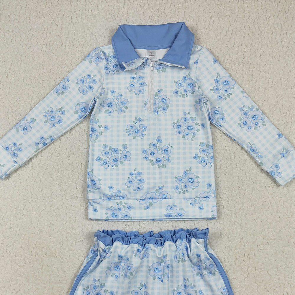 RTS NO MOQ （In stock） GLD1097 Baby Girls Yoga Outfits Baby Girls Long Sleeves Blue Flowers Plaid Zipper Top Skorts Yoga Sets
