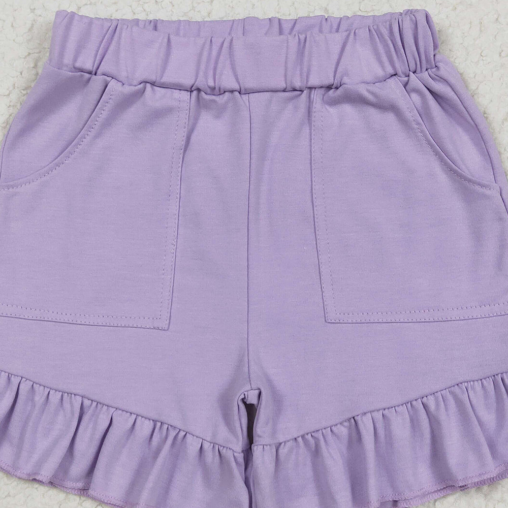 7.06 SS0561 RTS NO MOQ Baby Girls Summer Shorts Baby Girls Lavender Pockets Summer Cotton Ruffle Short Bottoms