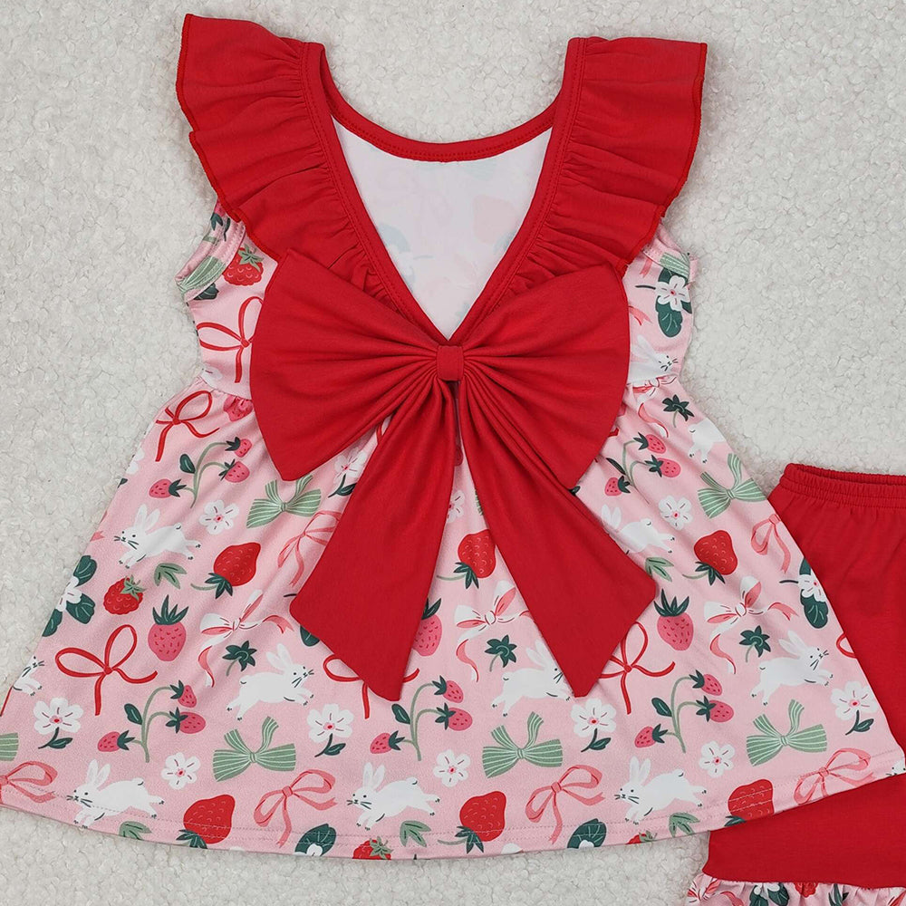 GSSO1914Girls Sleeveless Ruffle Striped Rabbit Bow Easter Clothing Cute Spring/Summer Outfit for Kids