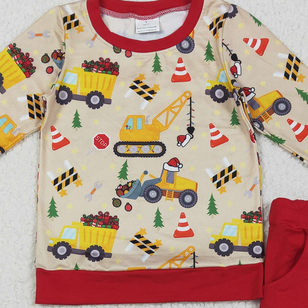 RTS NO MOQ （In stock）BLP1073 Baby Boys Winter Outfits Baby Boys Christmas Excavators Hats Top Pockets Legging Pant Sets
