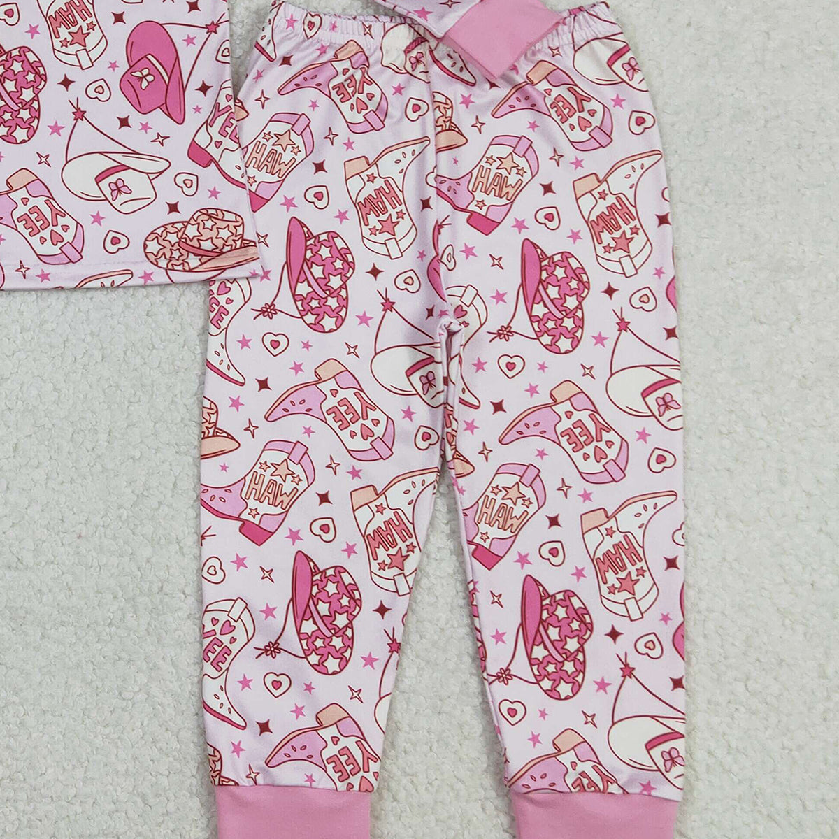12.26 RTS NO MOQ （In stock）GLP3085 Baby Girls Pink Howdy Boots Hats Top Pants Western Pajamas Sets