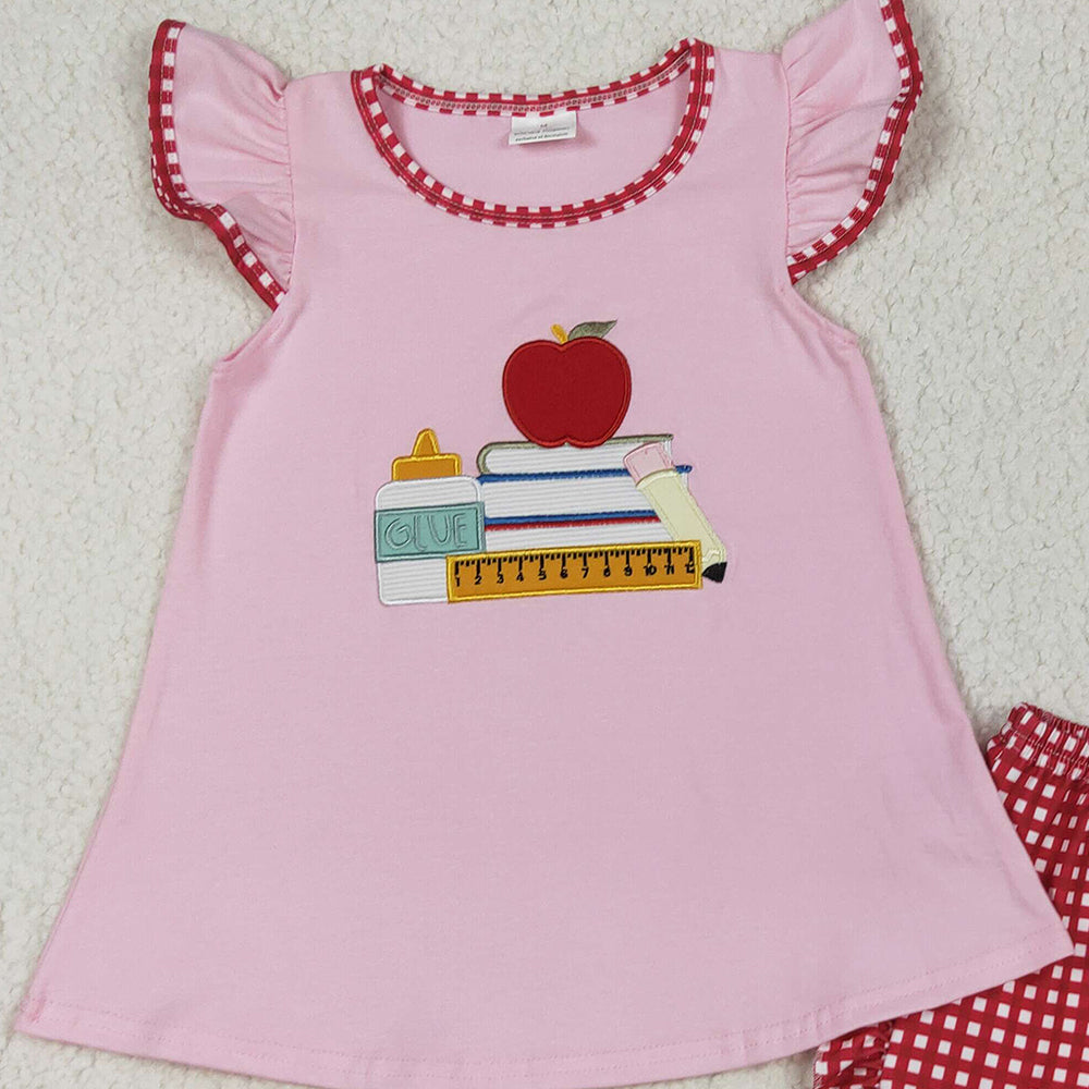 USA Shop (in stock)GSSO2069 RTS NO MOQ Baby Girls Summer Outfits Baby Girls Pink Sleeveless Apple Pencil Top Plaid Ruffle Shorts Set