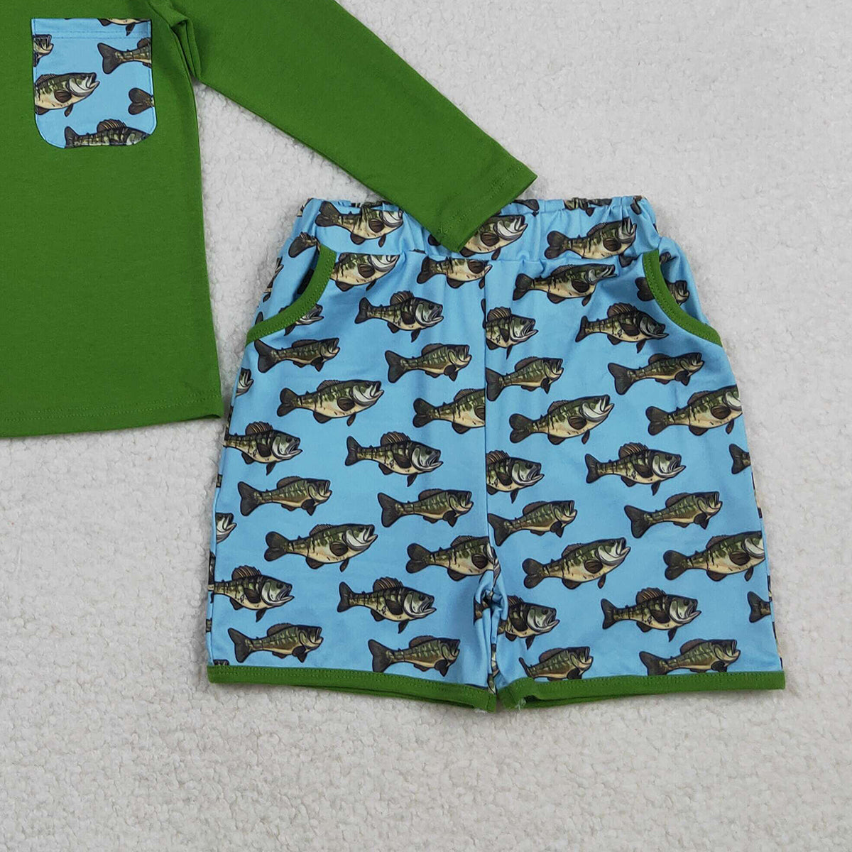 10.28 RTS NO MOQ （In stock）BLS0010 Baby Boys Green Long Sleeve Fishes Plaid Top Pockets Shorts Hunting Clothes Sets
