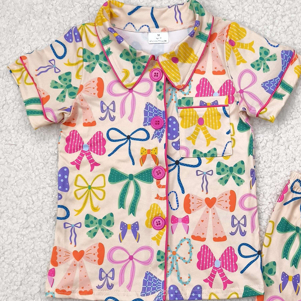 6.21 GSSO2487RTS NO MOQ Baby Girls Summer Pajamas Outfits Baby Girls Colorful Bows Button Pocket Top Short Pajamas Set