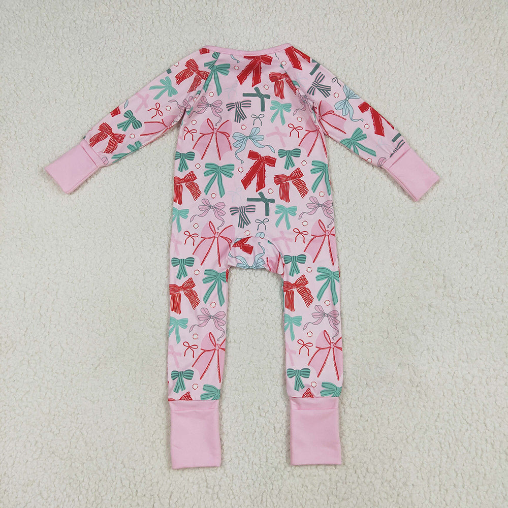 LR2266 RTS NO MOQ Baby Girls Winter Rompers Baby Girls Pink Long Sleeves Colorful Bows Zipper Rompers