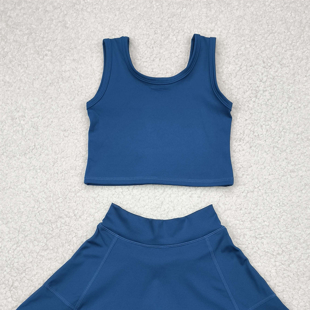 5.15  GSD1986 RTS NO MOQ Baby Girls Yoga Outfits Dark blue sleeveless top skirt kids girls active wear set