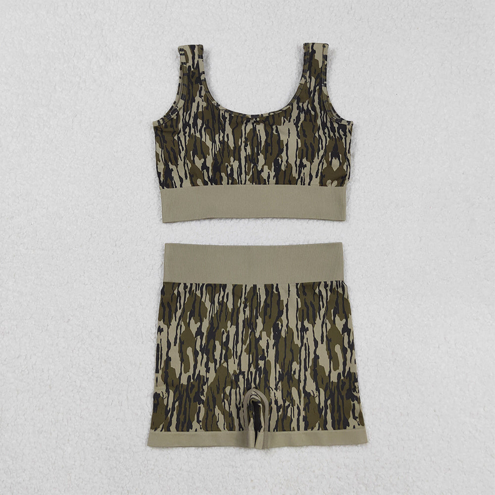 RTS NO MOQ （In stock）GT1187+SS0642 Adult Women's Yoga Outfits Adult Women's Army Green Camouflage Vest And Shorts Set Military Style Outdoor Camping Fashion Sports Outfit