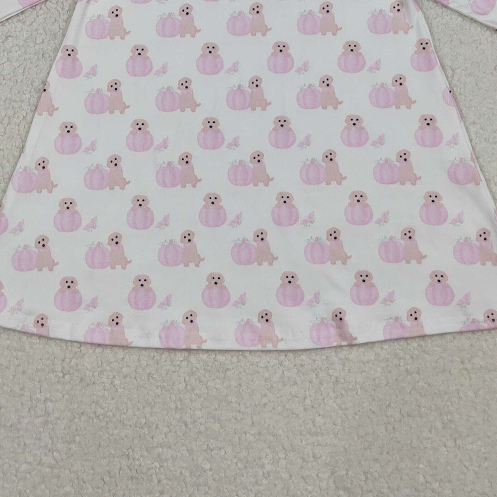 9.27 RTS NO MOQ （In stock）GLD1157 Baby Girls Winter Dress Baby Girls Pink Dog Pumpkins Fall Knee Length Dresses