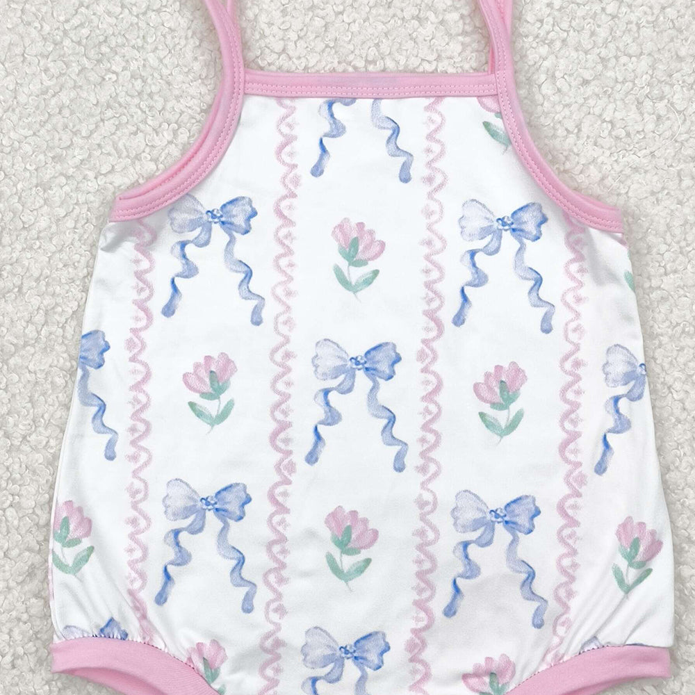 6.18 SR2858 RTS NO MOQ Baby Girls Summer Rompers Baby Infant Girls Blue Bows Flowers Straps Rompers